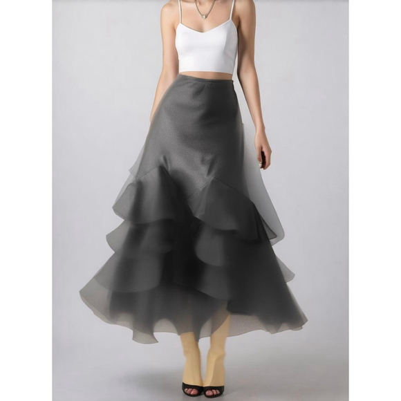 KM Collection Women's Black Fitted High Waist Tiered Ruffled Maxi Skirt 16W Glam - Picture 1 of 15